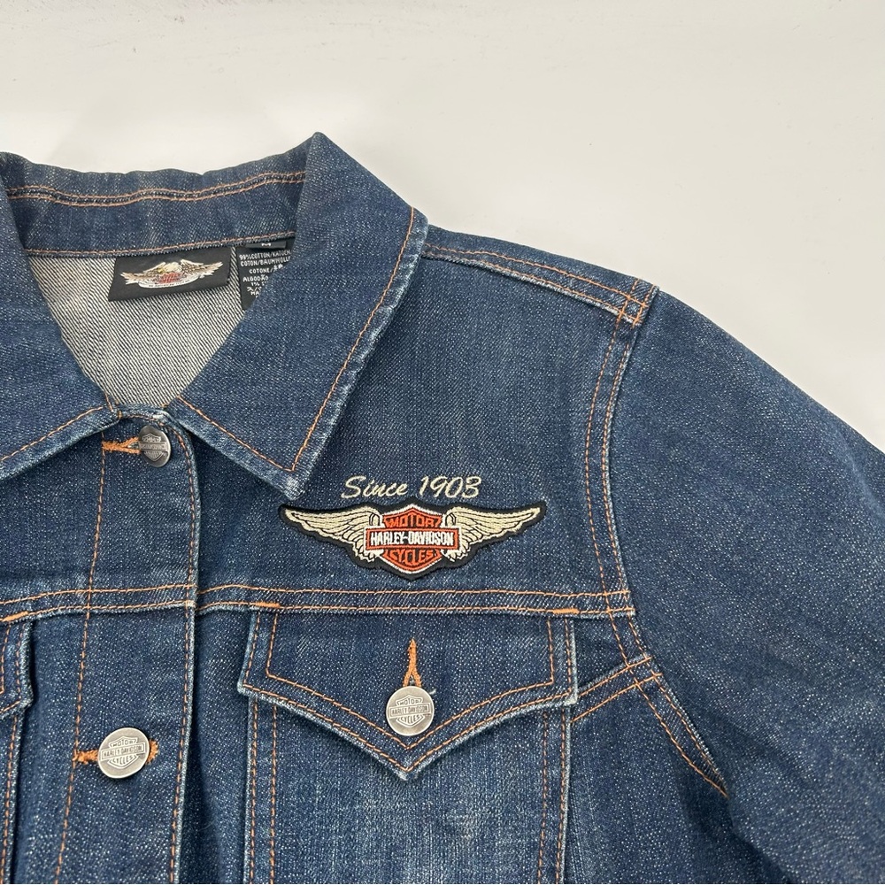 Harley Davidson Embroidered Wing Logo Denim Jacket Size Medium - Picture 6 of 9